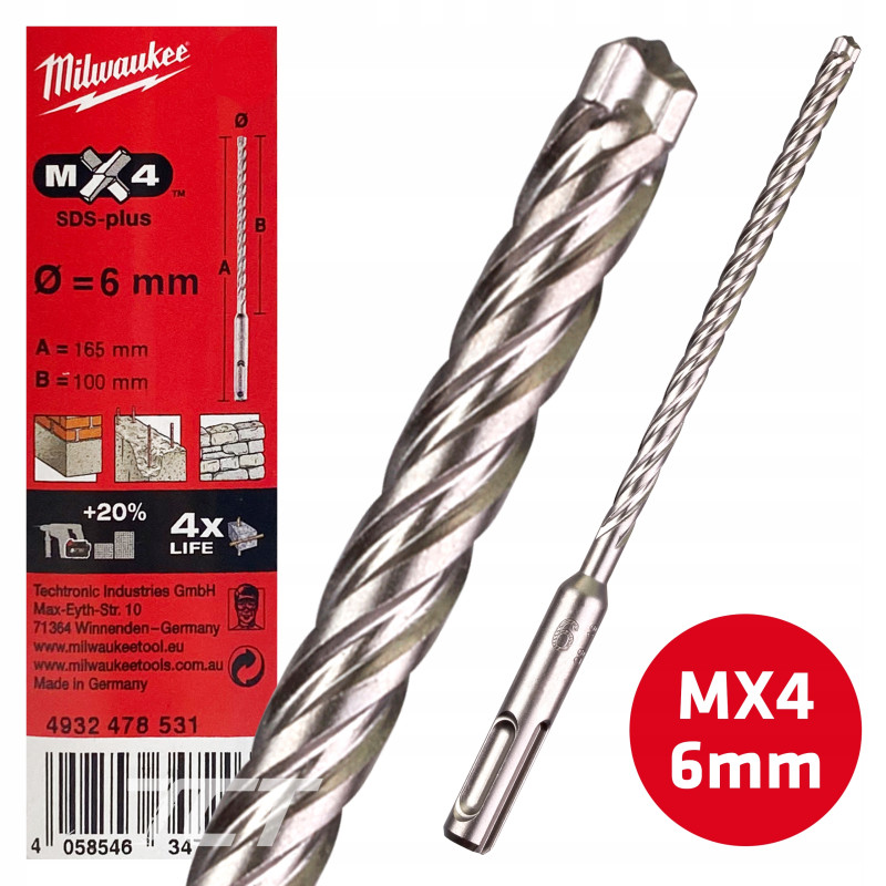 Wiertło do betonu Milwaukee SDS-Plus 6x165 mm MX4 Wiertło do betonu Milwaukee SDS-Plus 6x165 mm MX4