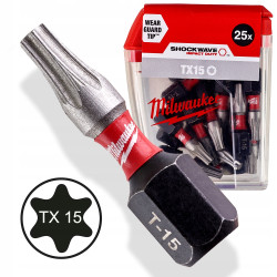 Bit udarowy Shockwave Torx TX15 T15 25mm Milwaukee 1 sztuka